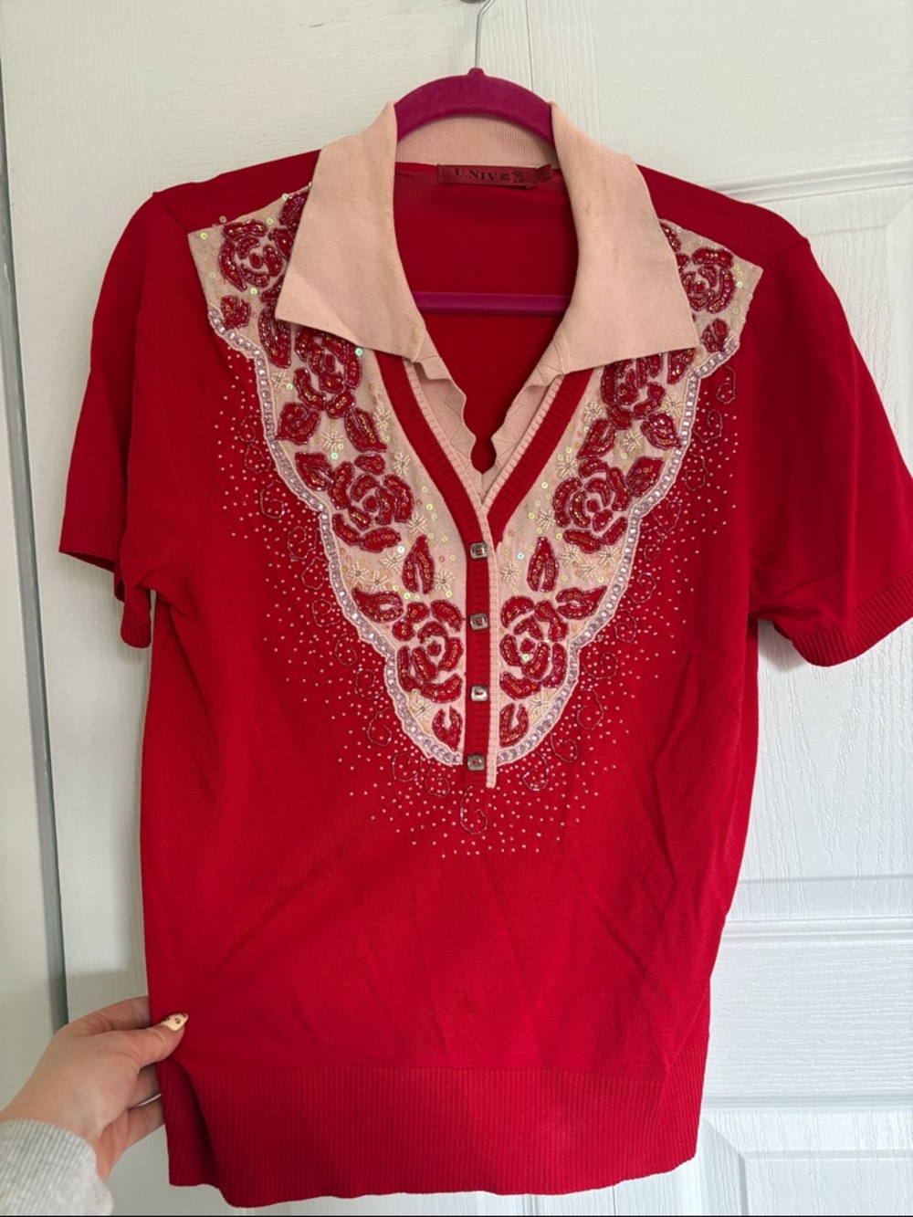 Women's Red Embroidered Polo Top with Pink Collar
